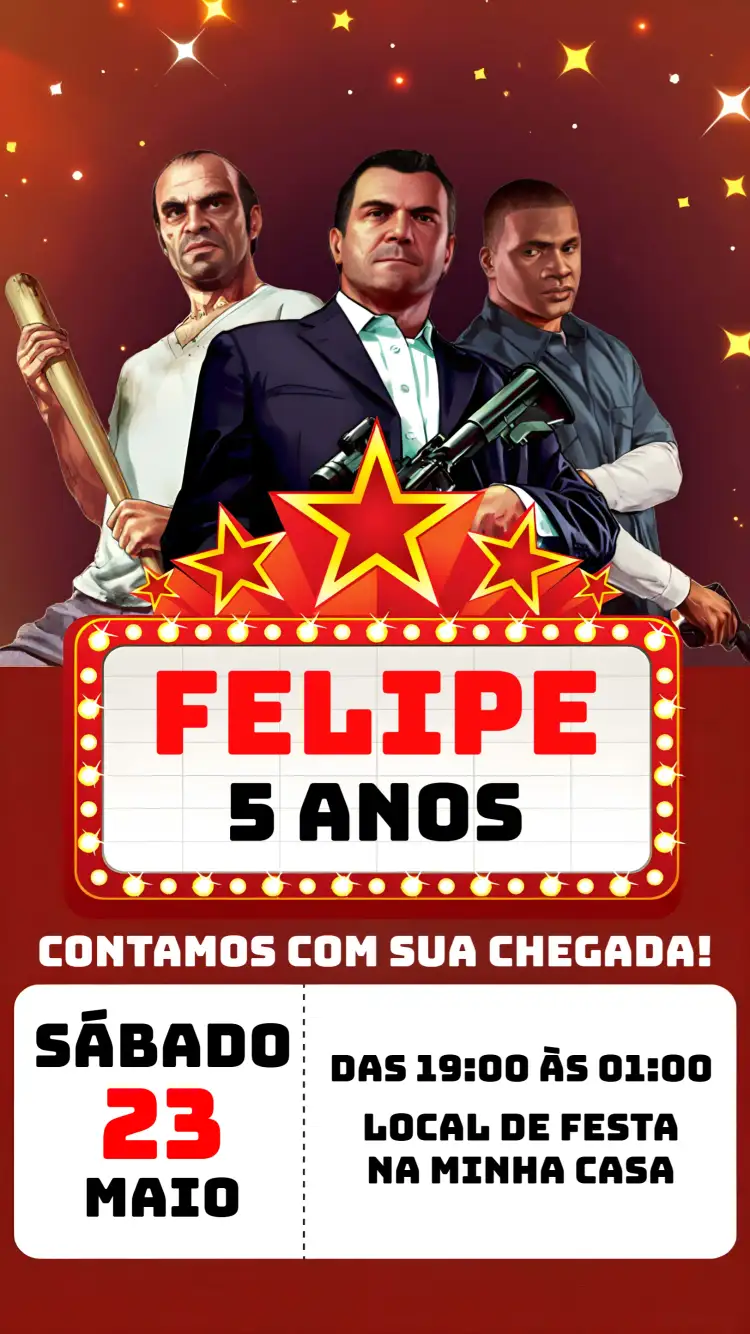 Convite Grand Theft Auto Estrelas – tema Aniversário moderno, jogos, colorido, urbano, divertido, temático
