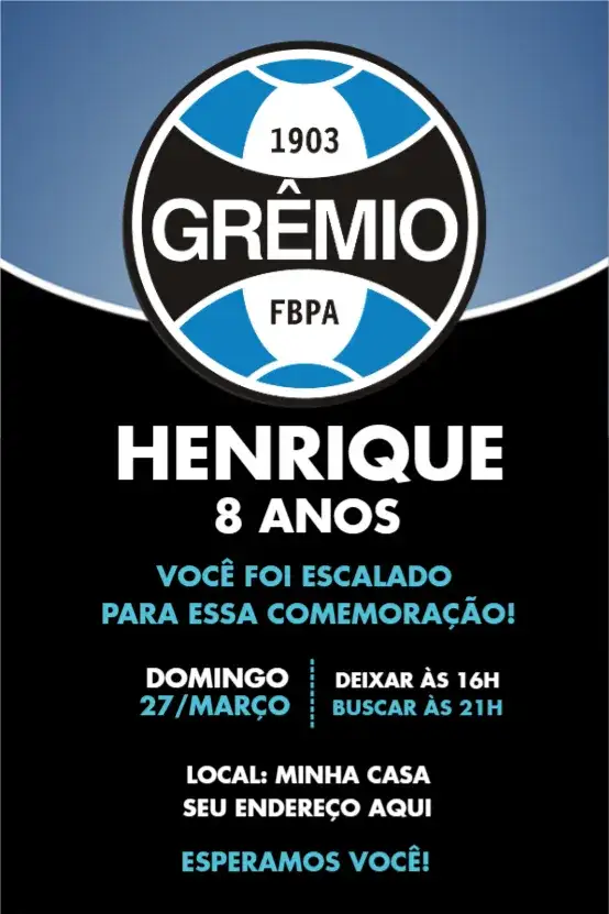 Convite Grêmio 1 – tema Aniversário futebol, azul e branco, moderno, jovem, esportivo