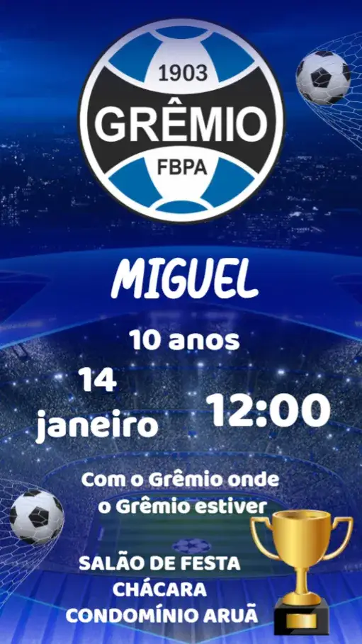 Convite Grêmio – tema Aniversário futebol, moderno, vibrante, esportivo, colorido