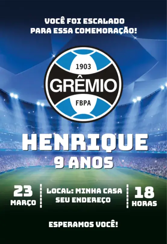 Convite Grêmio 2 – tema Aniversário azul e preto, futebol, moderno, vibrante, descontraído, temático