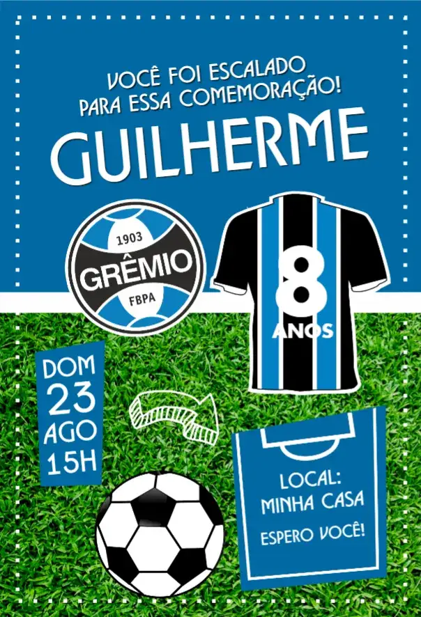 Convite Grêmio camisa – tema Aniversário futebol, moderno, vibrante, esportivo, colorido