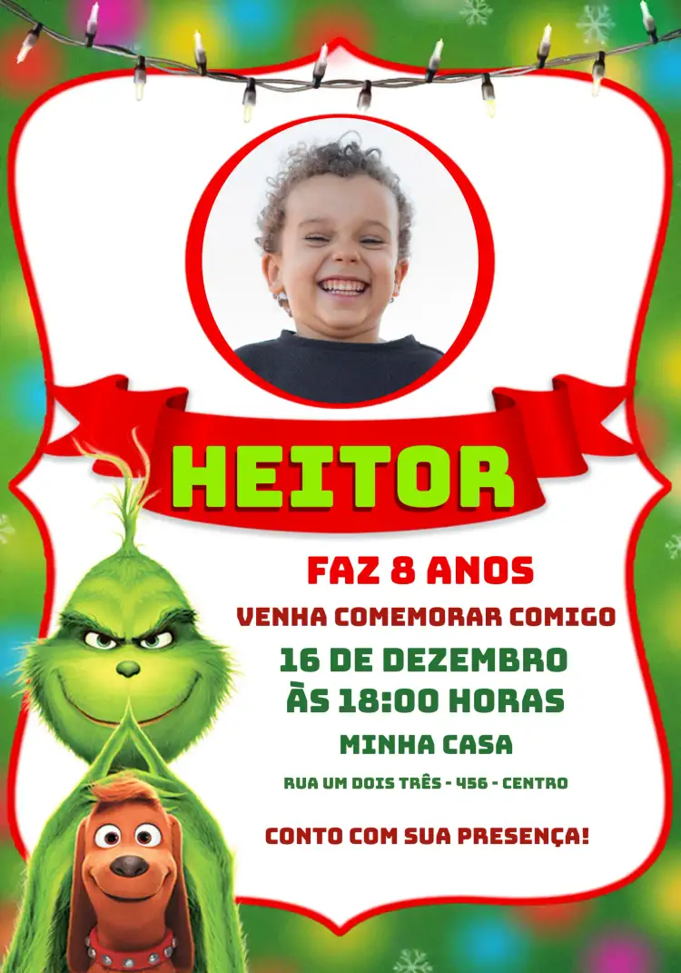 Convite Grinch Com Foto Branco – tema Datas Comemorativas colorido, divertido, temático, festivo, infantil
