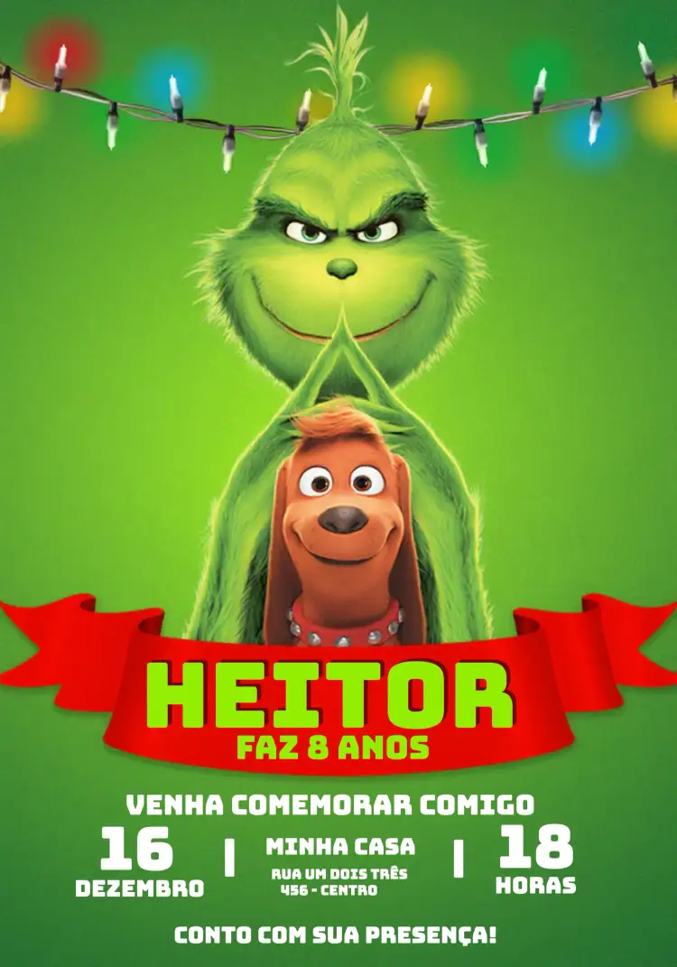 Convite Grinch Natal – tema Datas Comemorativas divertido, colorido, natalino, infantil, ilustrações do Grinch