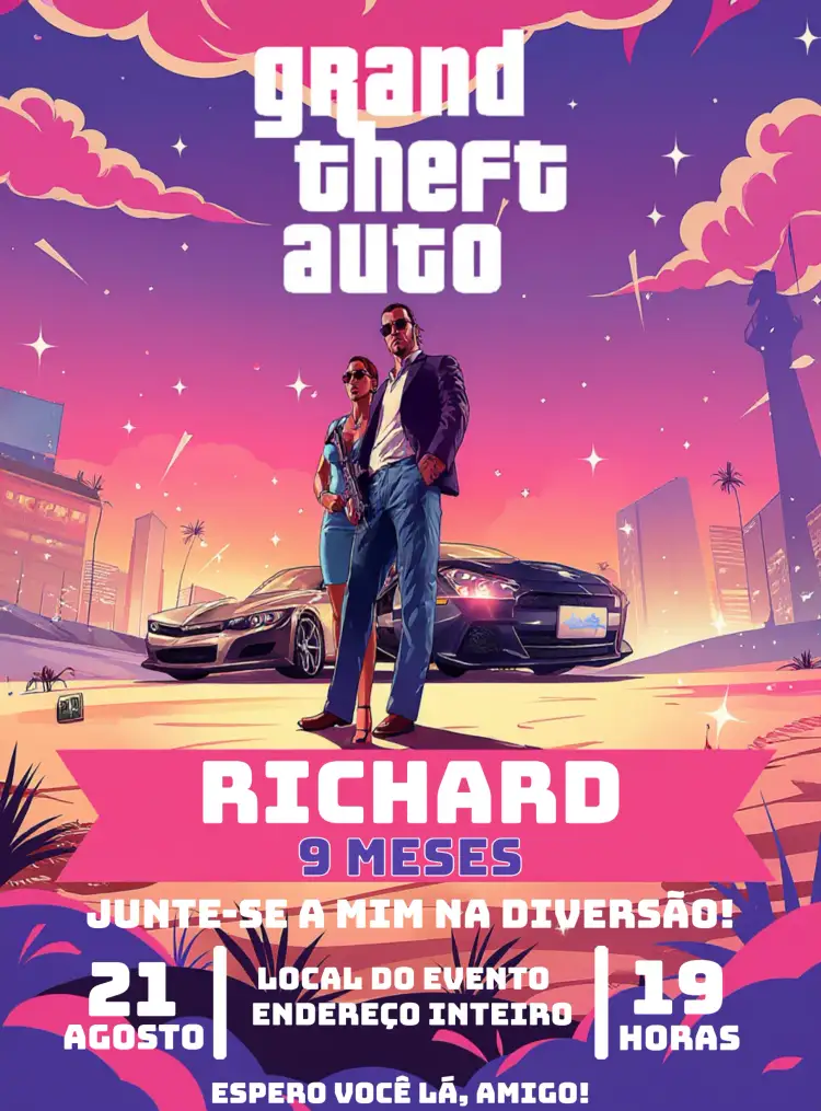 Convite Gta Grand Theft Auto 6 Rosa – tema Aniversário moderno, jogos eletrônicos, colorido, divertido, urbano, aventura