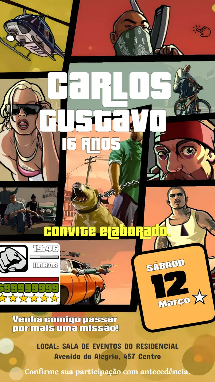 Convite Gta San Andreas Grand – tema Aniversário estilo urbano, cores vibrantes, elementos gráficos de jogos, moderno, divertido