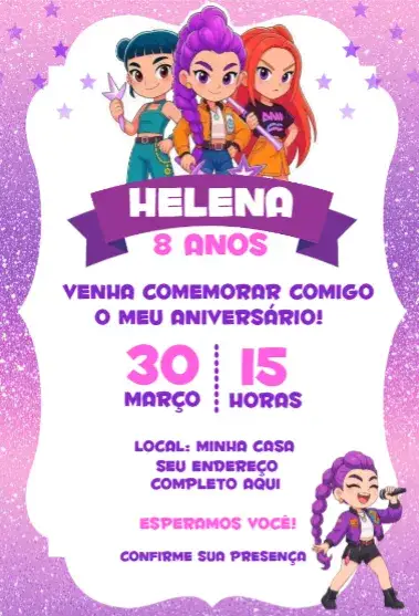 Convite Guerreira do Kpop 13 – tema Aniversário K-pop, desenho animado, música