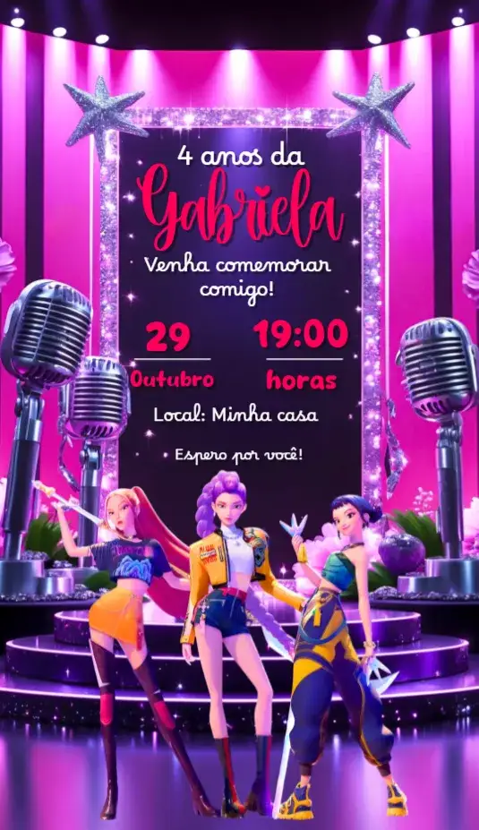 Convite Guerreiras do K-Pop – tema Aniversário Infantil colorido, moderno, jovial, vibrante, divertido