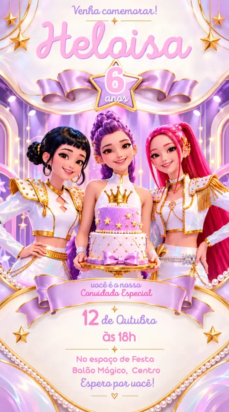 Convite Guerreiras do K-pop – tema Mais pesquisados K-pop, infantil, moderno, colorido, luxuoso, divertido