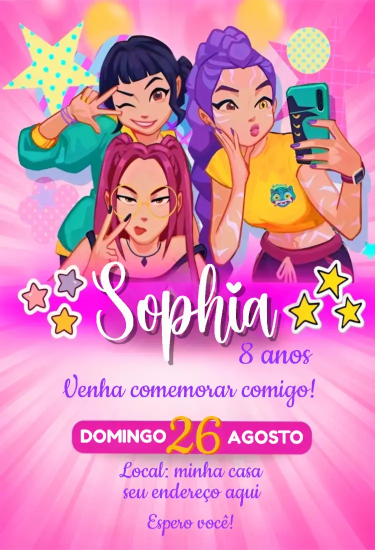 Convite Guerreiras do Kpop – tema Aniversário colorido, moderno, anime, Kpop, divertido, vibrante