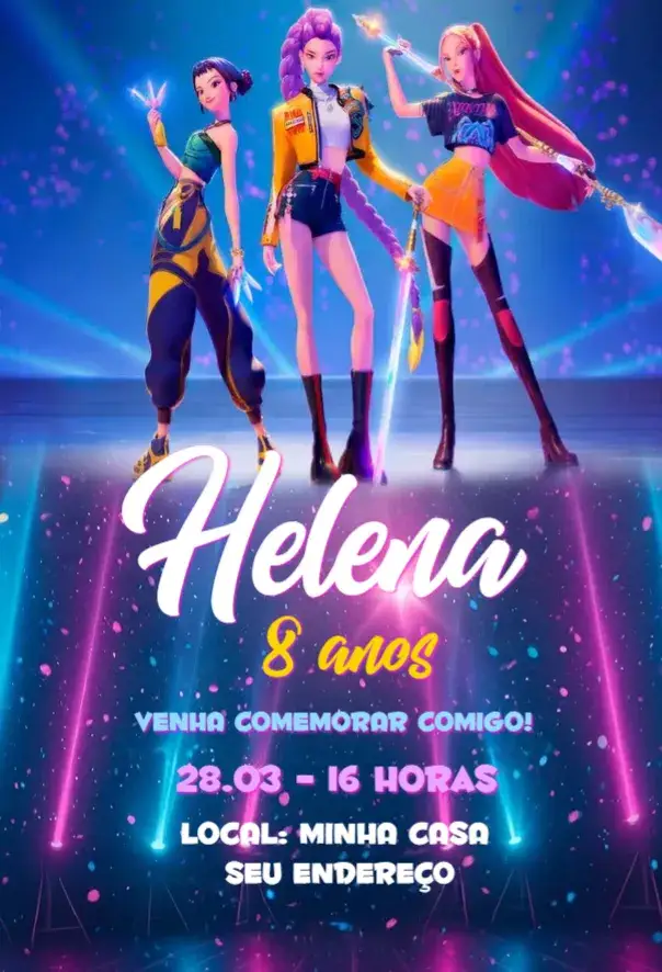 Convite Guerreiras do Kpop 12 – tema Aniversário Kpop, Palco, Neon