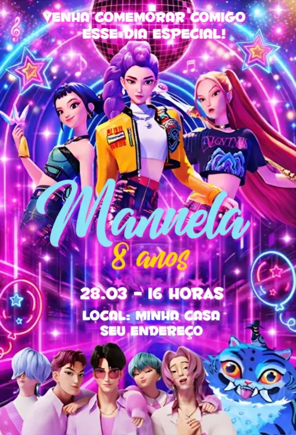 Convite Guerreiras do Kpop 12 – tema Aniversário colorido, moderno, pop, temático, divertido