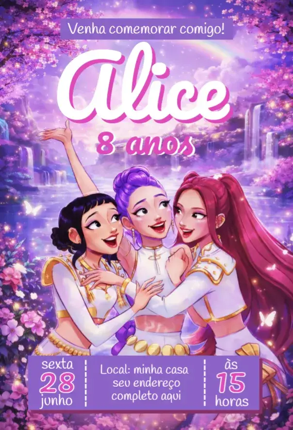 Invitación Guerreras del Kpop – tema Cumpleaños colores vibrantes, estilo urbano, elementos gráficos de Kpop, ilustraciones divertidas, diseño moderno, inspirado en la cultura pop