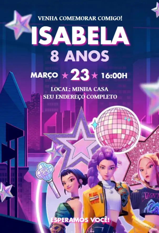 Invitación Guerreras del Kpop – tema Cumpleaños colores vibrantes, ilustraciones modernas, elementos gráficos del Kpop, estilo pop, diseño divertido, cultura coreana