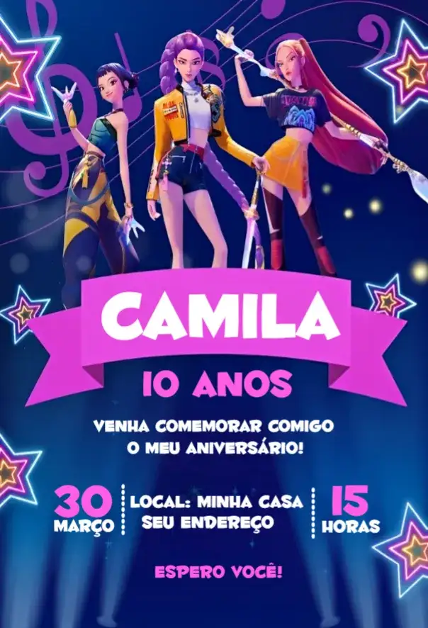 Convite Guerreiras do Kpop 15 – tema Aniversário colorido, moderno, temático, divertido, jovial