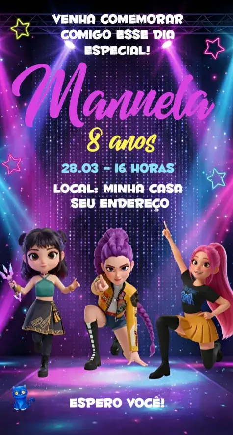 Convite Guerreiras do Kpop 16 – tema Aniversário colorido, moderno, pop, divertido, temático, jovial