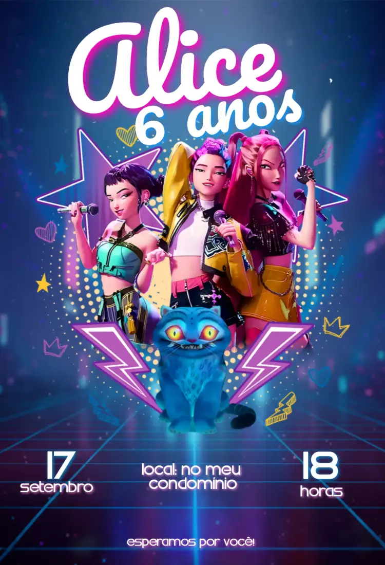 Convite Guerreiras do Kpop – tema Aniversário Infantil neon, moderno, fantasia, colorido, divertido