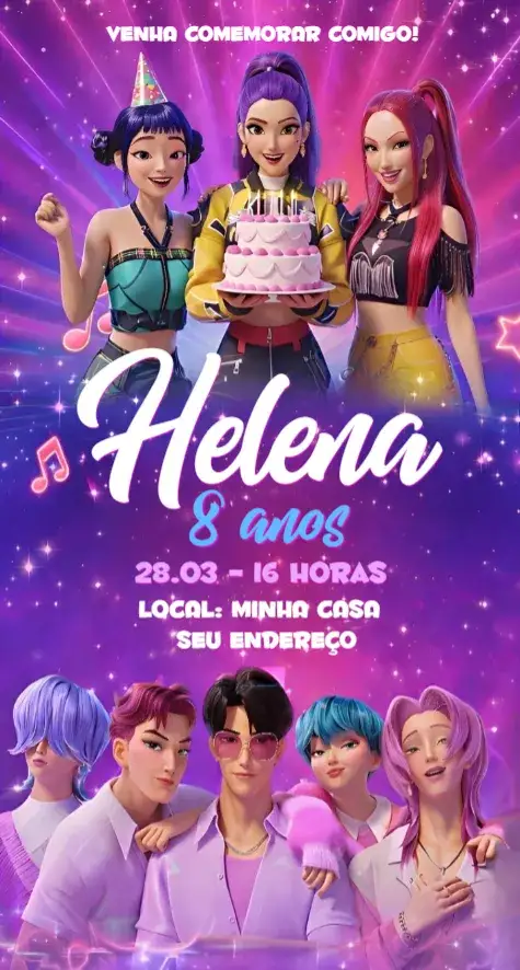 Convite Guerreiras do Kpop 20 – tema Aniversário vibrante, moderno, jovial, colorido, pop, divertido