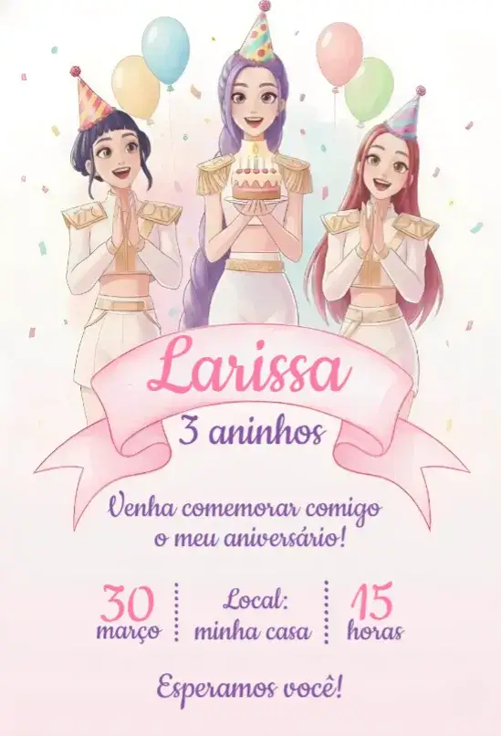 Convite Guerreiras do Kpop 23 – tema Aniversário colorido, moderno, animado, temático, divertido, jovem