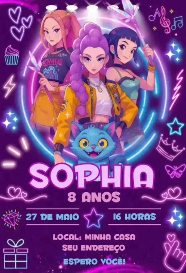Convite Guerreiras do Kpop 24 – tema Aniversário colorido, moderno, pop, jovial, divertido, inspirado no Kpop