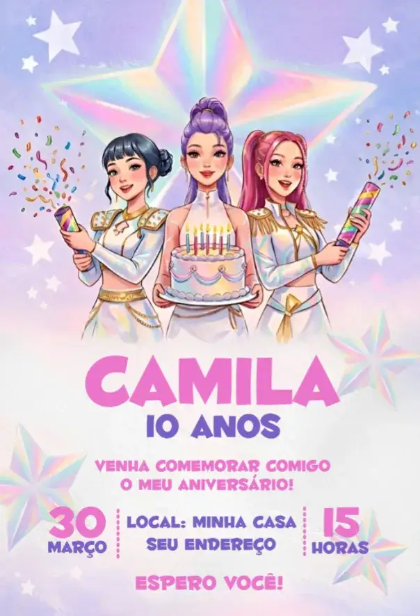 Convite Guerreiras do Kpop 25 – tema Aniversário colorido, pop, moderno, temático, divertido, animado