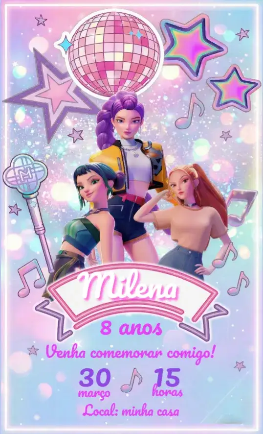 Convite Guerreiras do Kpop – tema Aniversário colorido, moderno, pop, jovem, vibrante