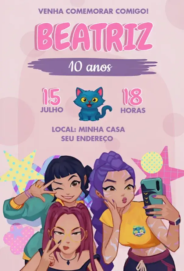 Invitación Guerreras del Kpop – tema Cumpleaños colorido, moderno, vibrante, animado, inspirado en Kpop, jovial