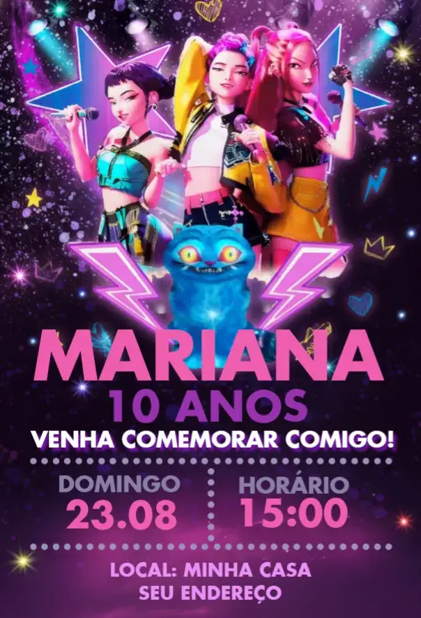 Convite Guerreiras do Kpop – tema Aniversário colorido, moderno, divertido, jovial, inspirado no Kpop, temática pop