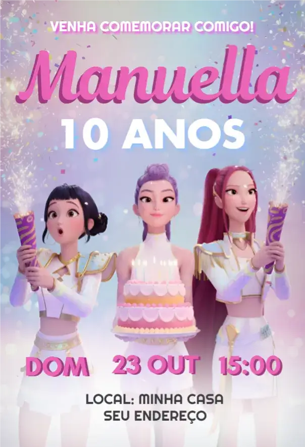 Invitación Guerreras del Kpop – tema Cumpleaños colores vibrantes, moderno, temática Kpop, divertido, juvenil, colorido