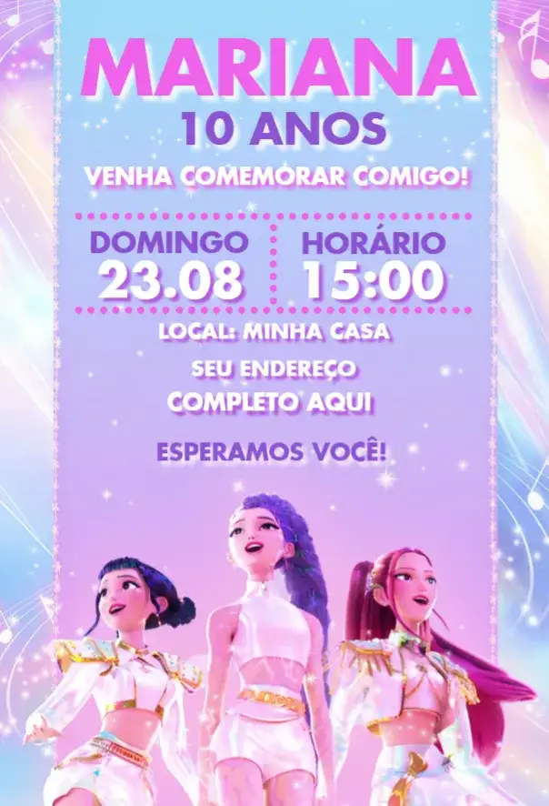 Invitación Guerreras del Kpop – tema Cumpleaños colores vibrantes, estilo pop, elementos gráficos del Kpop, moderno, divertido, temática juvenil