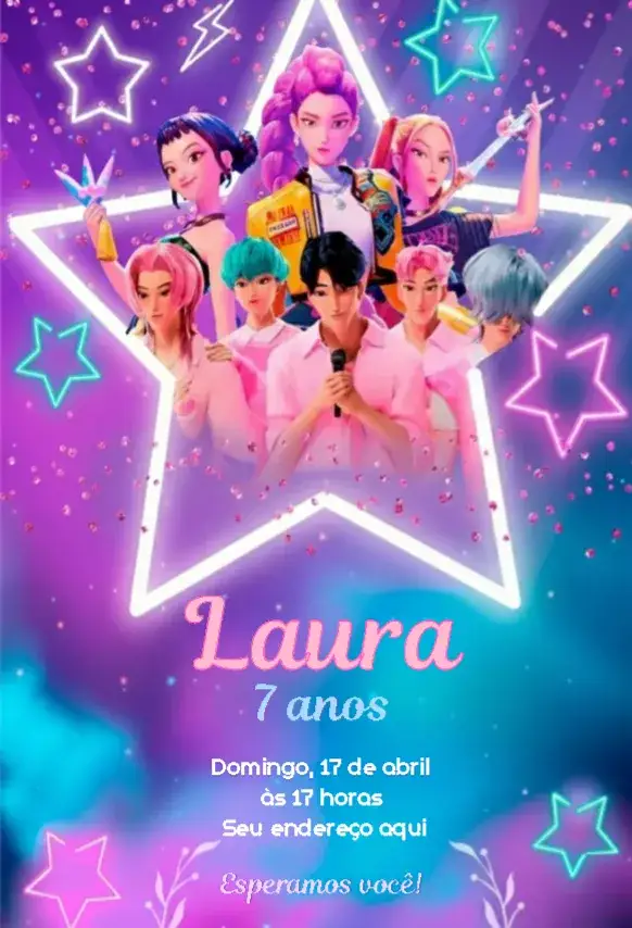 Convite Guerreiras do Kpop 4 – tema Aniversário Infantil colorido, moderno, jovial, pop, divertido, temático
