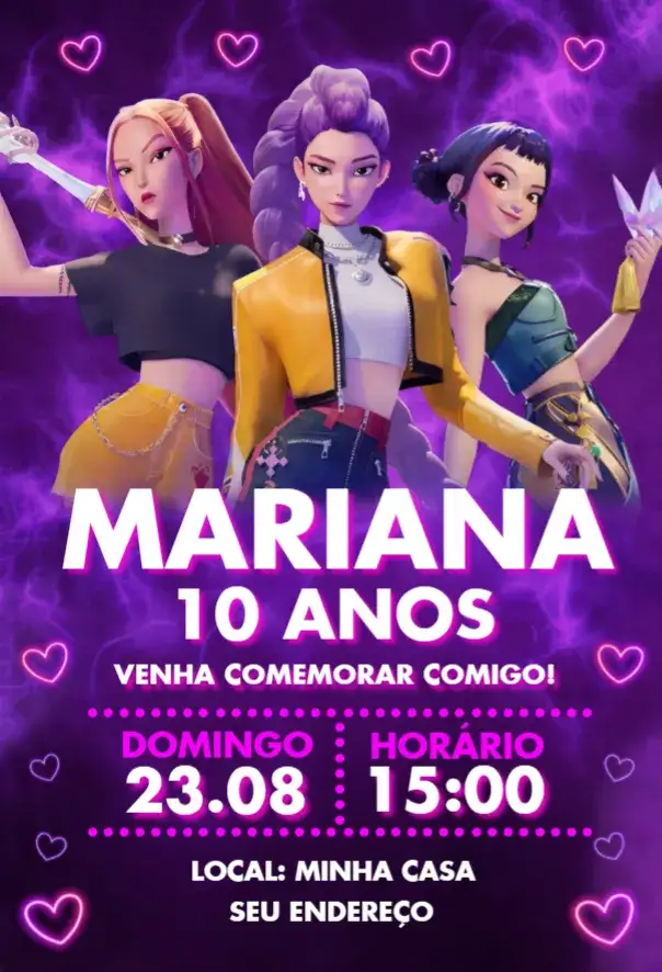 Invitación Guerreras del Kpop – tema Cumpleaños colores vibrantes, estilo moderno, elementos gráficos de Kpop, diseño dinámico, inspirado en la cultura pop, visual festivo
