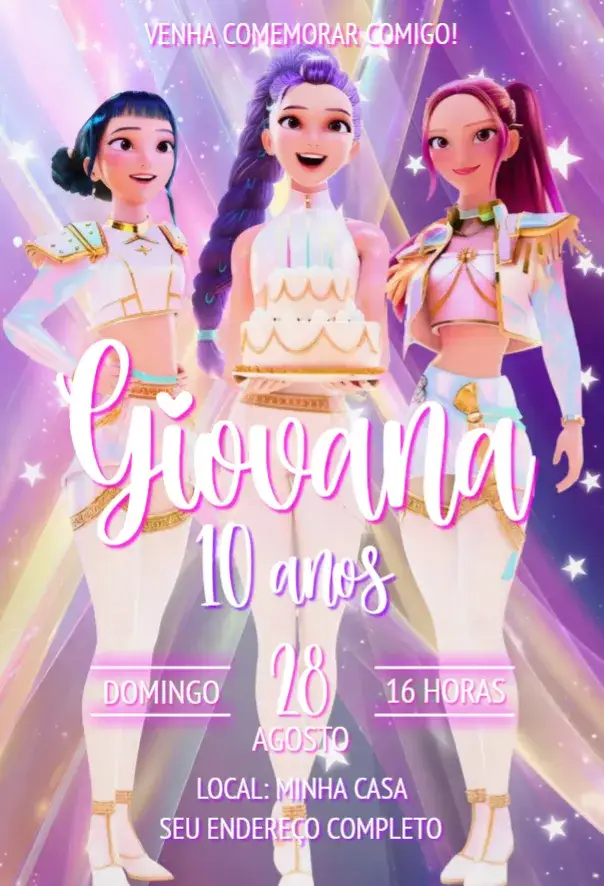 Invitación Guerreras del Kpop – tema Cumpleaños colorido, moderno, jovial, pop, divertido, temático