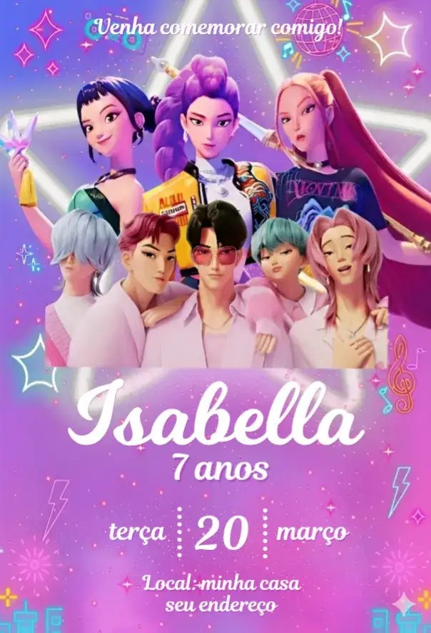 Convite Guerreiras do Kpop 5 – tema Aniversário colorido, moderno, jovem, dinâmico, kawaii
