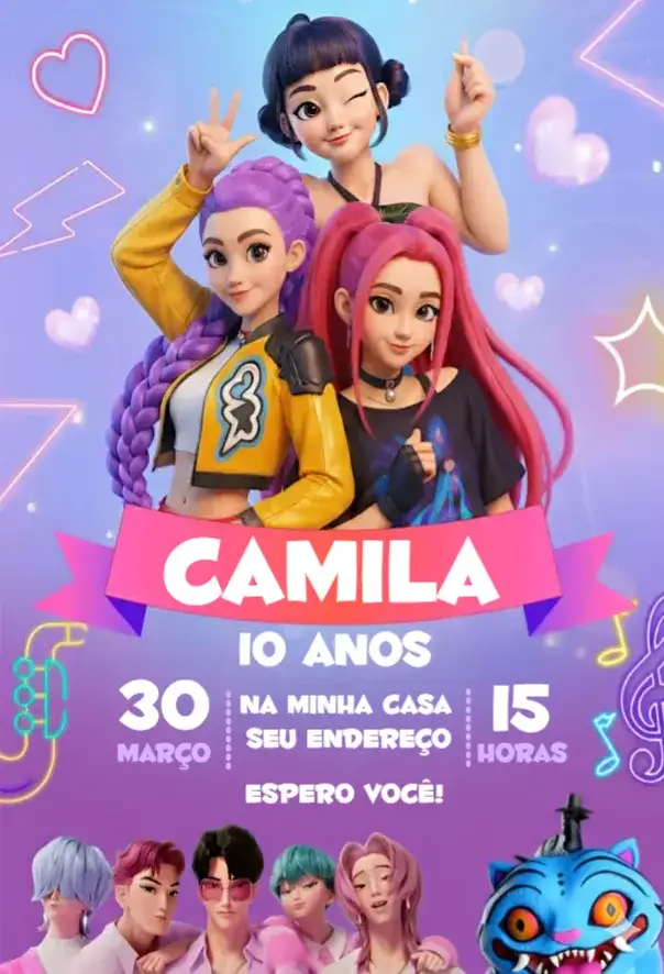 Convite Guerreiras do Kpop 5 – tema Aniversário colorido, moderno, jovial, divertido, pop, temático