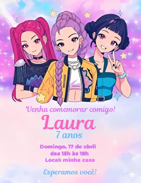Convite Guerreiras do Kpop 6 – tema Aniversário anime, kpop, estrelas