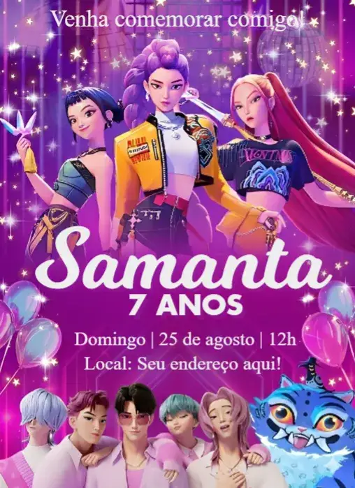 Convite Guerreiras do Kpop – tema Aniversário Infantil colorido, moderno, pop, jovial, divertido, vibrante
