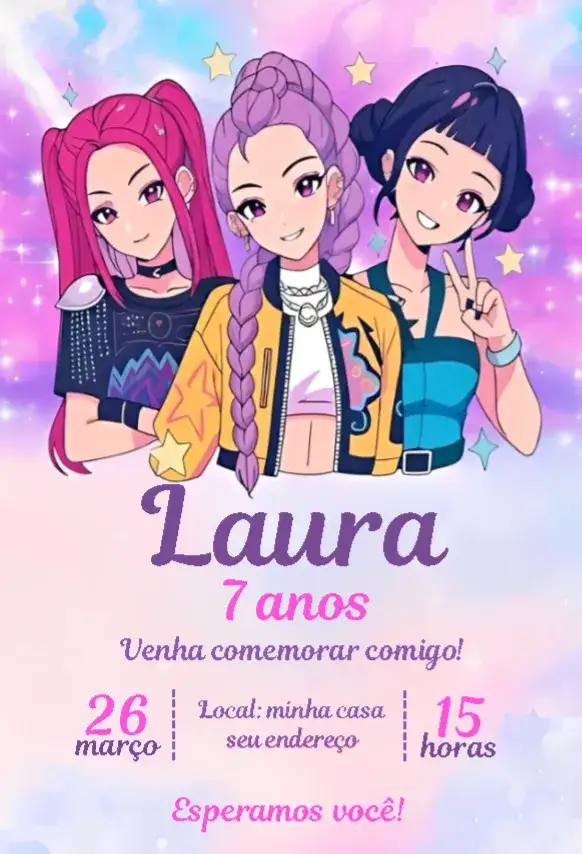 Convite Guerreiras do Kpop 8 – tema Aniversário anime, estrelas, fantasia