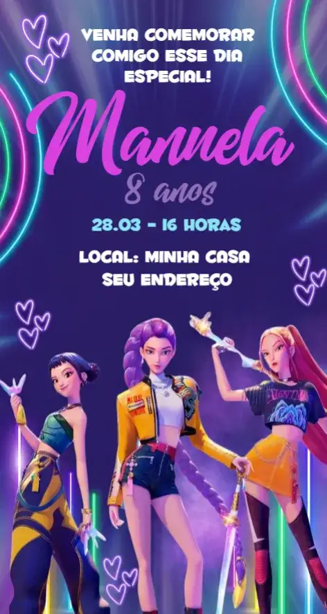 Convite Guerreiras do Kpop 9 – tema Aniversário Kpop, Neon, Moderno