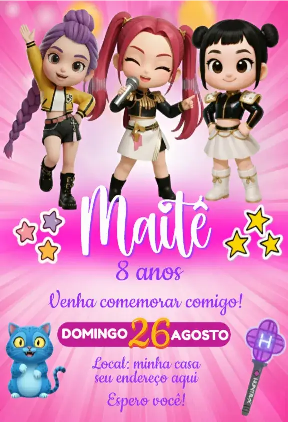 Convite Guerreiras do Kpop desenho 2 – tema Aniversário colorido, divertido, moderno, jovial, inspirado no Kpop
