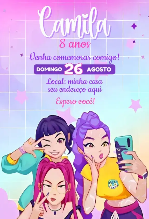 Convite Guerreiras do Kpop desenho – tema Aniversário colorido, divertido, moderno, kawaii, vibrante, jovial