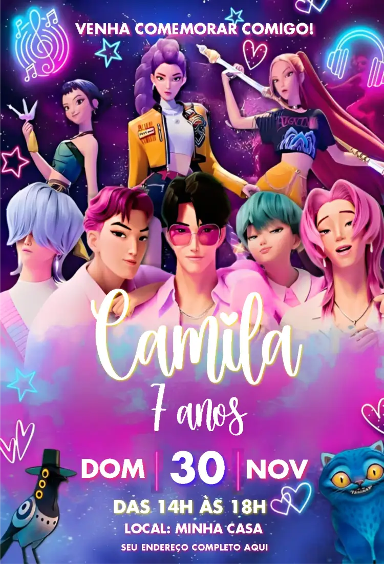 Convite Guerreiras do Kpop Personagens – tema Aniversário lilás, rosa, azul, moderno, divertido, temático