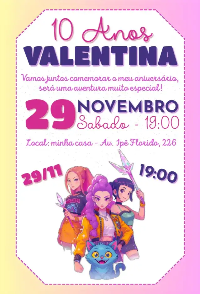 Convite Guerreiras do Kpop Huntrix – tema Aniversário Infantil cores vibrantes, estilo pop, elementos gráficos de Kpop, design moderno, inspiração de girlband