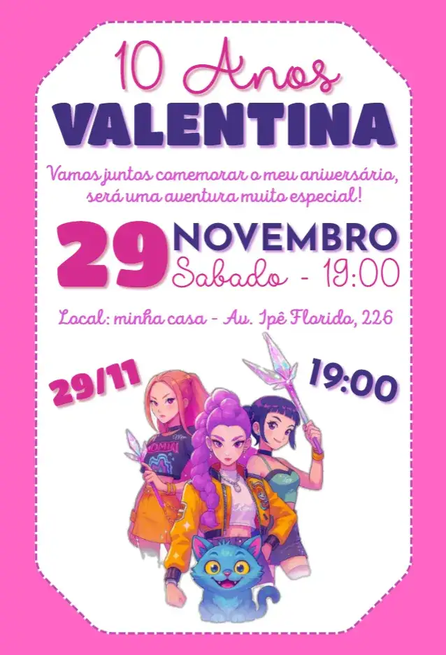 Convite Guerreiras do Kpop Huntr/x – tema Aniversário Infantil cores vibrantes, estilo moderno, elementos de anime, design divertido, inspirado em Kpop