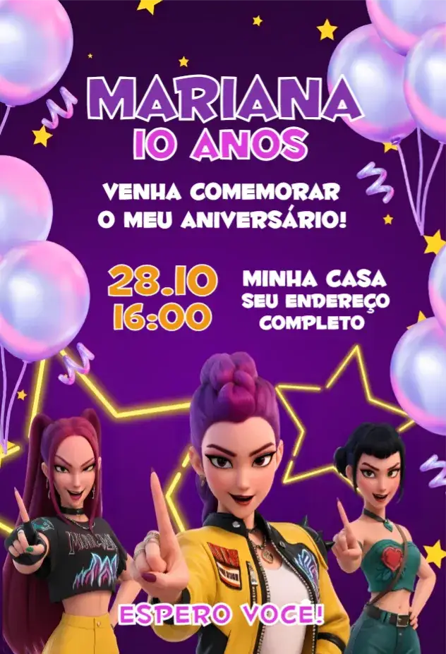 Convite Guerreiras do kpop roxo 2 – tema Aniversário roxo, moderno, temática de Kpop, colorido, divertido