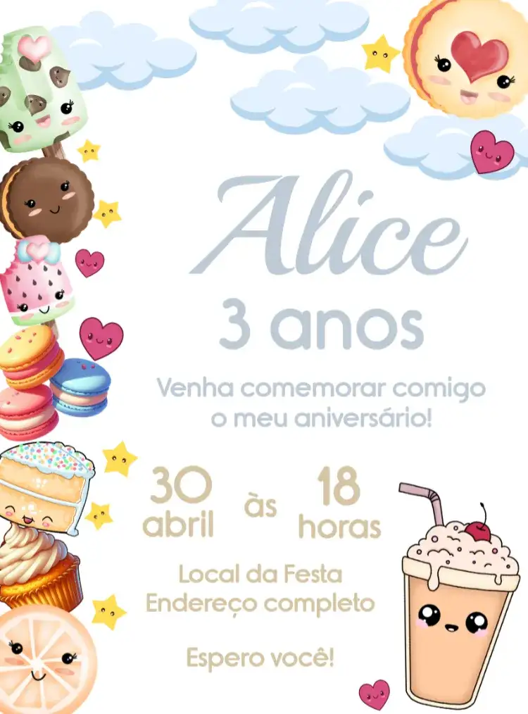 Convite Guloseimas E Doces Cookies – tema Mais pesquisados colorido, divertido, temático, vibrante, alegre