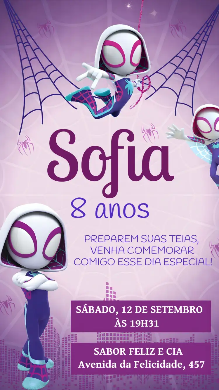 Convite Gwen Spidey Friends Espetaculares – tema Mais pesquisados super-heróis, colorido, divertido, aventura, moderno