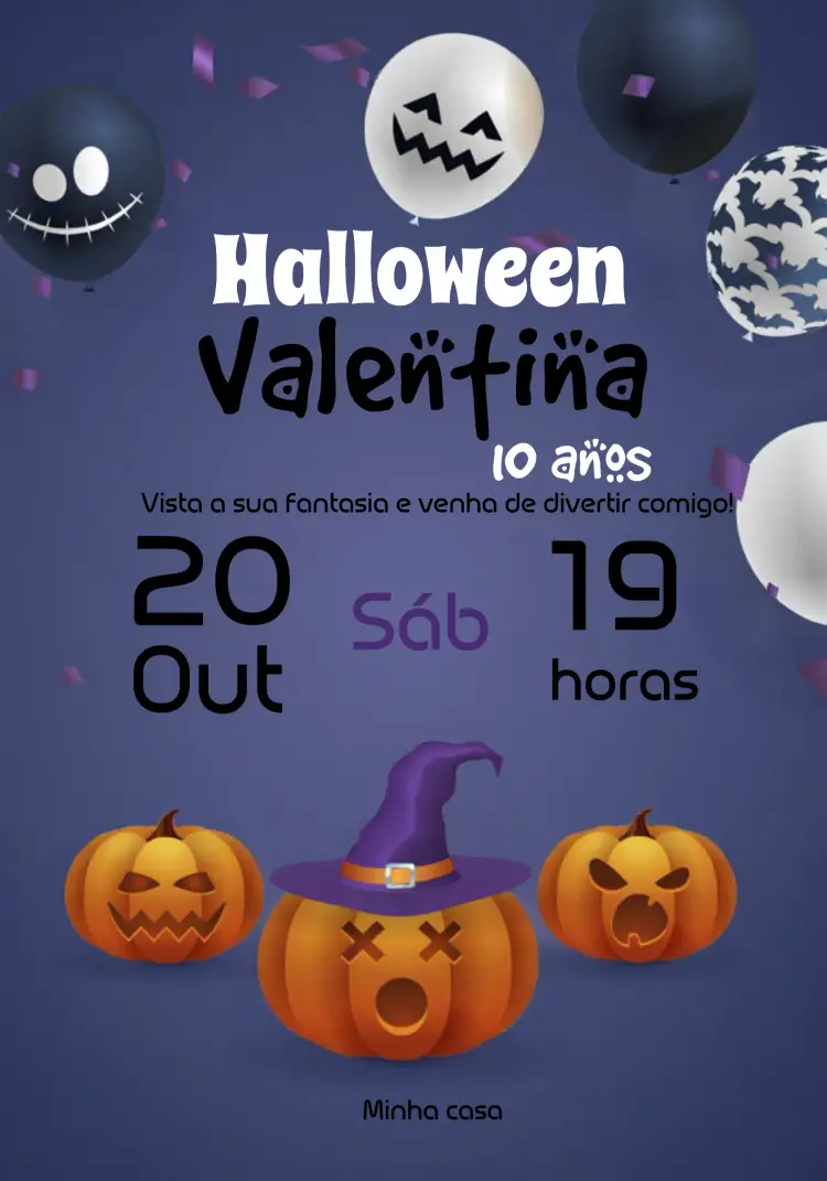 Convite Halloween Aborora – tema Datas Comemorativas cores vibrantes, fantasia, elementos gráficos de Halloween, estilo lúdico, design envolvente, atmosfera assustadora
