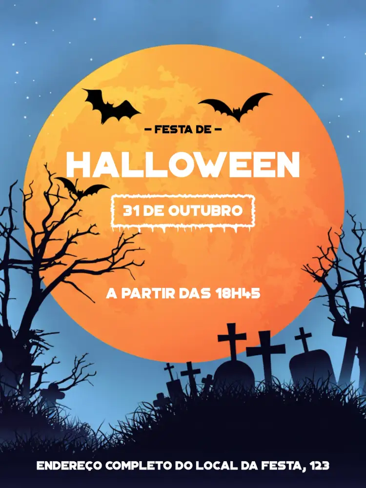 Convite Halloween Azul – tema Datas Comemorativas moderno, divertido, fantasioso, escuro, colorido