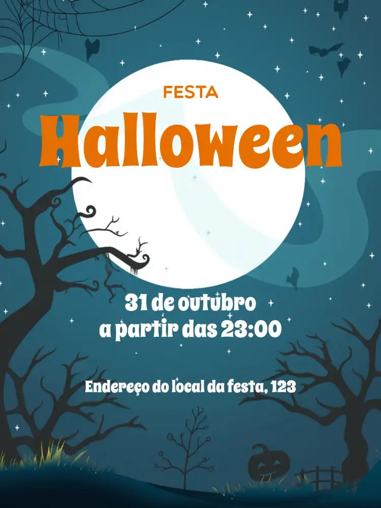 Convite Halloween Azul – tema Datas Comemorativas azul, laranja, fantasia, morcegos, mágico, divertido