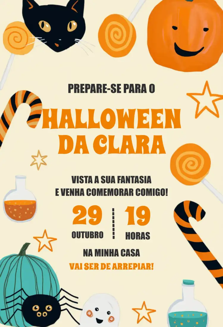 Convite Halloween Bruxas – tema Datas Comemorativas laranja, preto, temática bruxa, design divertido, elementos gráficos de Halloween